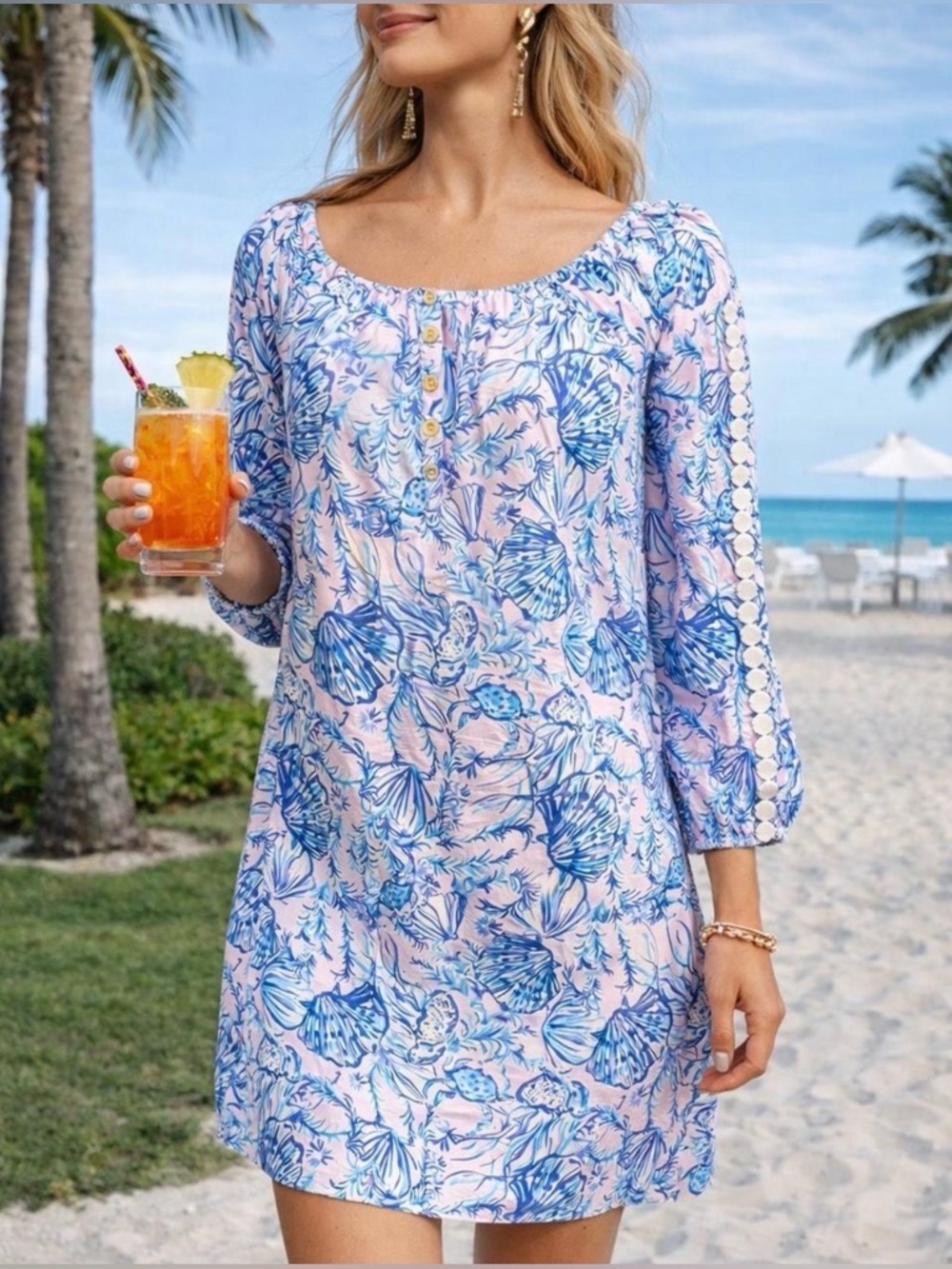 Lilly Pulitzer Pink Blue Seashell Print Dress XS 3/4 Sleeve Tunic Shift Pom Trim